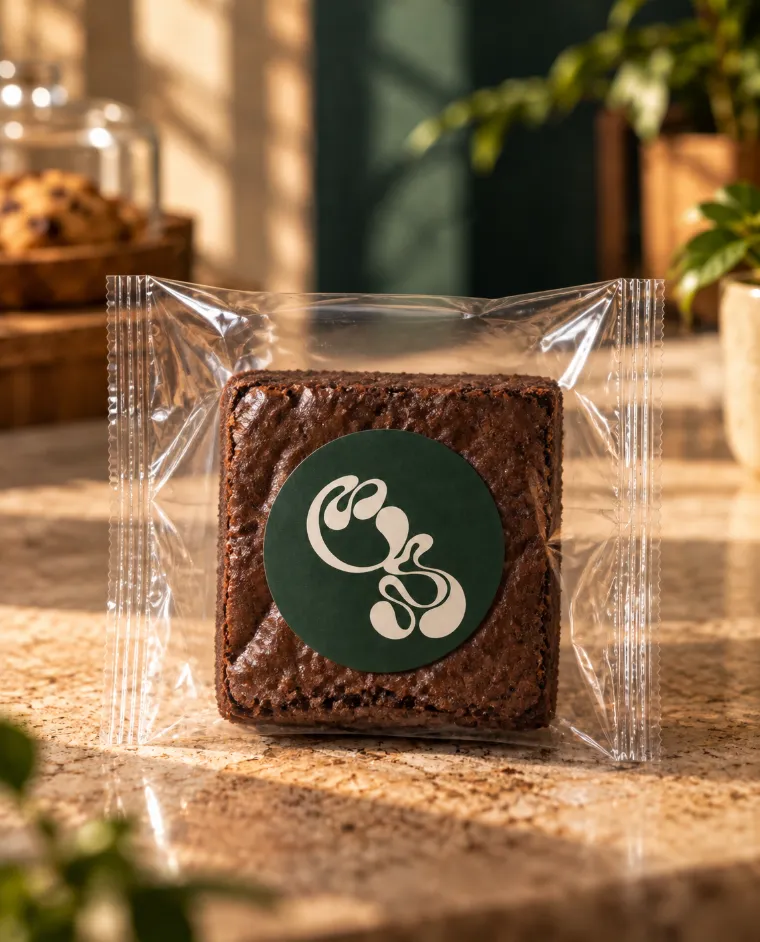 Brownie de chocolate en empaque con sticker de Bronco Café