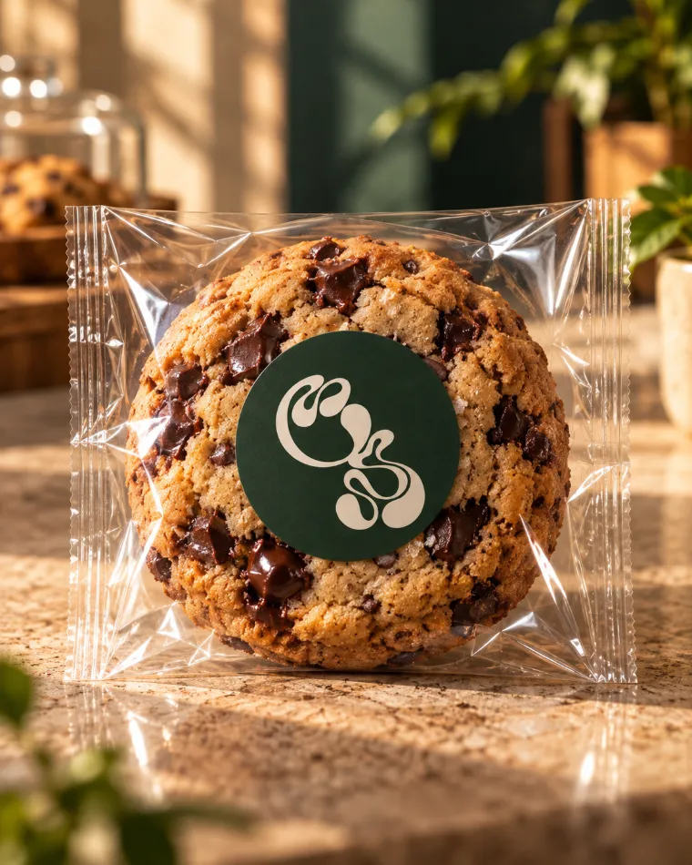 Galleta con chispas de chocolate en empaque con sticker de Bronco Café