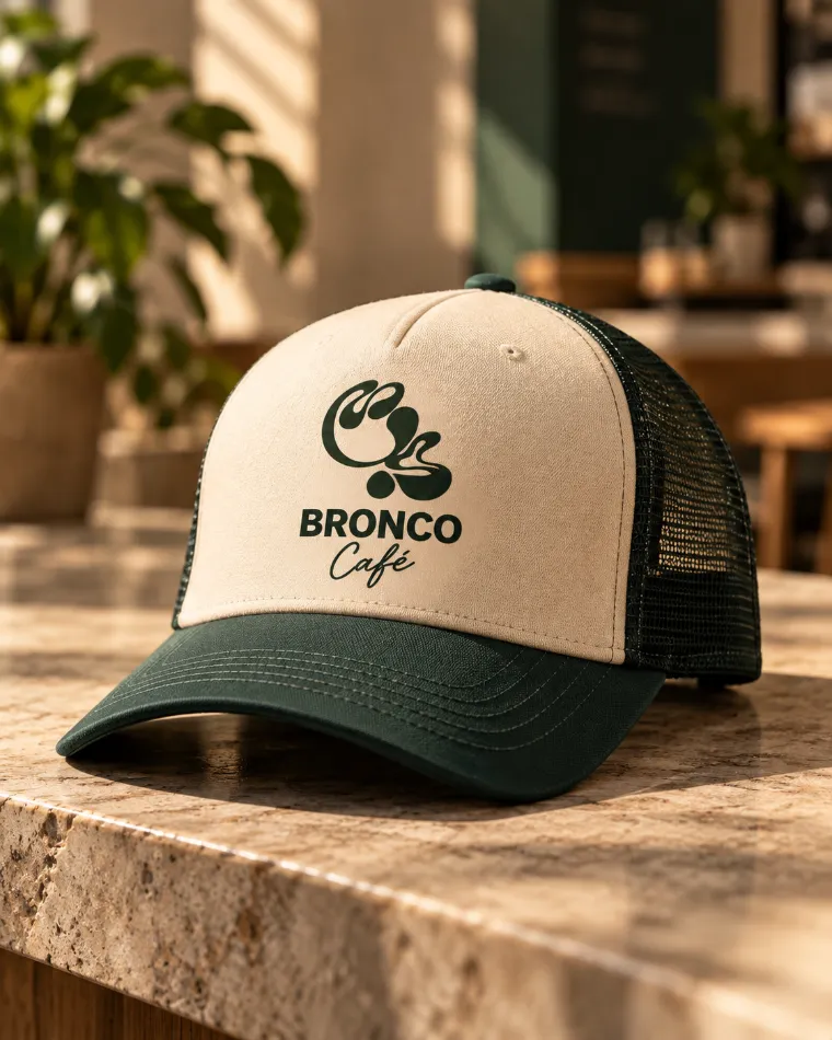 Gorra marfil y verde con logo de Bronco Café
