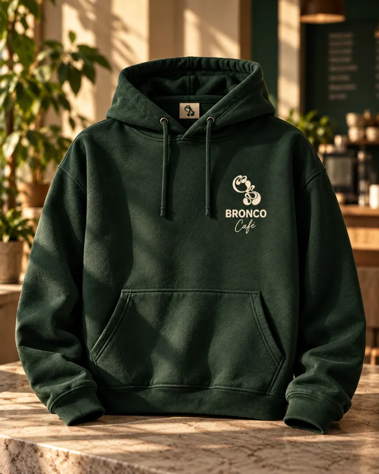 Hoodie verde con logo de Bronco Café