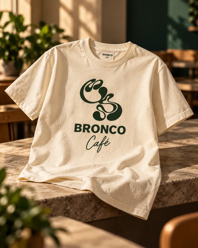 Playera marfil con logo de Bronco Café