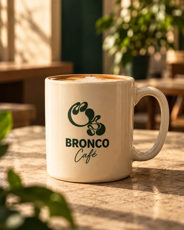 Taza marfil con logo de Bronco Café
