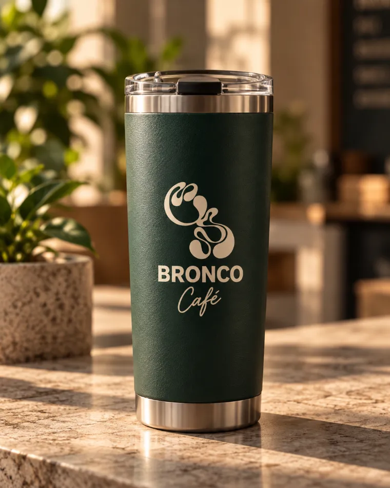 Termo verde con logo de Bronco Café
