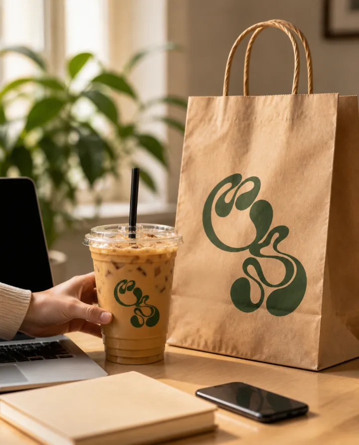 Café frío de Bronco Café junto a una laptop y la bolsa de entrega en un escritorio