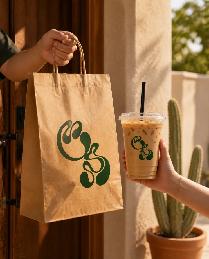 Entrega de una bolsa de Bronco Café y un café frío en la puerta de una casa