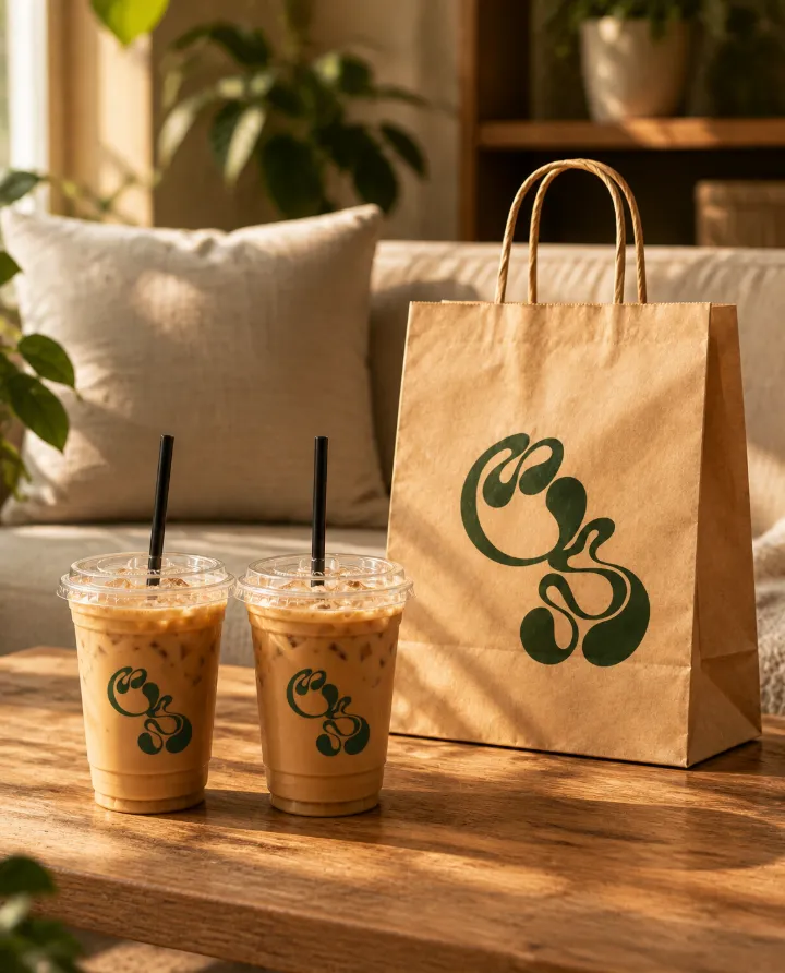 Dos cafés fríos de Bronco Café y la bolsa de entrega en una mesa de sala