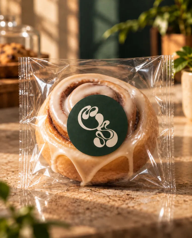 Rol de canela glaseado en empaque con sticker de Bronco Café